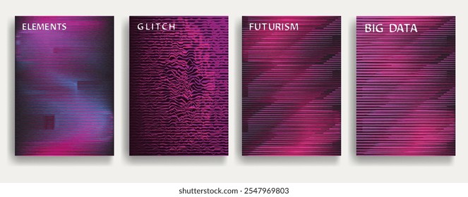 Glitch distorted geometric template brochures . Modern art design . Noise destroyed glitched flyer . Trendy brochure with vector lines . Glitched flyer. Hologram effects . set of vector templates