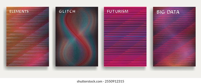 Glitch distorted geometric template brochures . Modern art design . Noise destroyed glitched flyer . Trendy brochure with vector lines . Glitched flyer. Hologram effects . set of vector templates