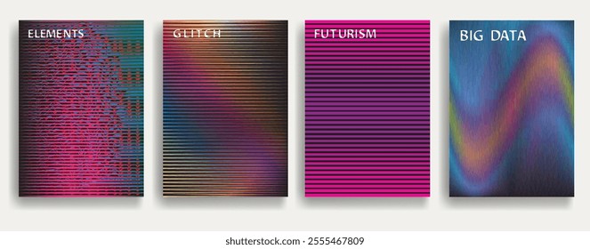 Glitch distorted geometric template brochures . Modern art design . Noise destroyed glitched flyer . Trendy brochure with vector lines . Glitched flyer. Hologram effects . set of vector templates