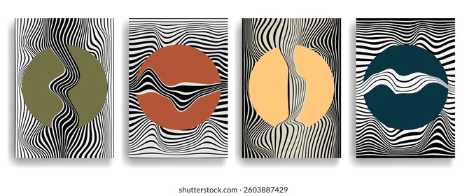 Glitch distorted geometric template brochures . Modern art design . Glitched flyer . Optical art. Trendy brochure with vector lines and circles .flyer with wavy lines effects . set of vector templates