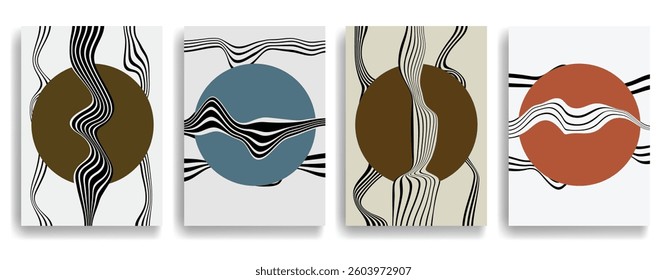 Glitch distorted geometric template brochures . Modern art design . Glitched flyer . Optical art. Trendy brochure with vector lines and circles .flyer with wavy lines effects . set of vector templates