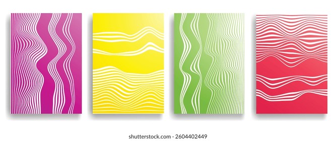 Glitch distorted geometric template brochures . Modern art design . Glitched flyer . Optical art. Trendy brochure with vector lines  .flyer with wavy lines effects . set of vector templates