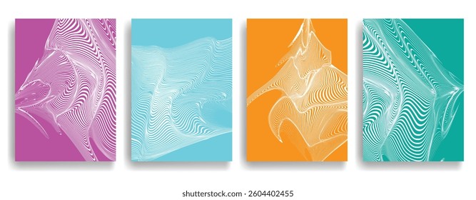 Glitch distorted geometric template brochures . Modern art design . Glitched flyer . Optical art. Trendy brochure with vector lines  .flyer with wavy lines effects . set of vector templates