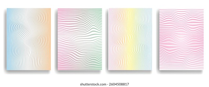 Glitch distorted geometric template brochures . Modern art design . Glitched flyer . Optical art. Trendy brochure with vector lines .flyer with wavy lines effects . set of vector templates
