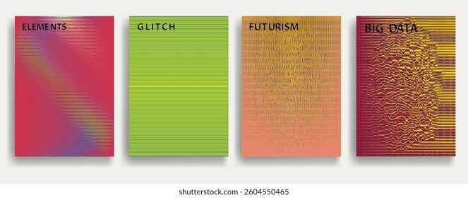 Glitch distorted geometric template brochures . Modern art design . Noise destroyed glitched flyer . Trendy brochure with vector lines . Glitched flyer. Hologram effects . set of vector templates