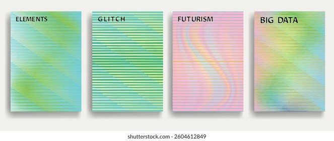 Glitch distorted geometric template brochures . Modern art design . Noise destroyed glitched flyer . Trendy brochure with vector lines . Glitched flyer. Hologram effects . set of vector templates