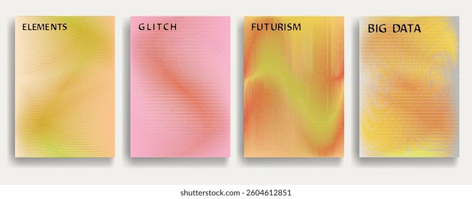 Glitch distorted geometric template brochures . Modern art design . Noise destroyed glitched flyer . Trendy brochure with vector lines . Glitched flyer. Hologram effects . set of vector templates