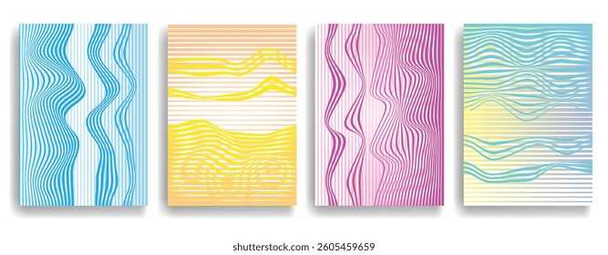 Glitch distorted geometric template brochures . Modern art design . Glitched flyer . Optical art. Trendy brochure with vector lines  .flyer with wavy lines effects . set of vector templates