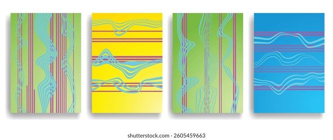 Glitch distorted geometric template brochures . Modern art design . Glitched flyer . Optical art. Trendy brochure with vector lines  .flyer with wavy lines effects . set of vector templates