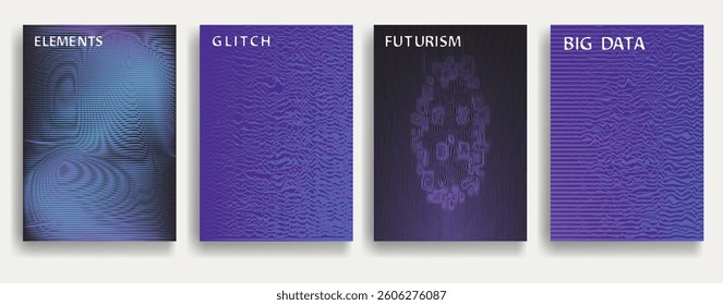 Glitch distorted geometric template brochures . Modern art design . Glitched flyer . Optical art. Trendy brochure with vector lines .flyer with wavy lines effects . set of vector templates