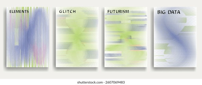 Glitch distorted geometric template brochures . Modern art design . Glitched flyer . Optical art. Trendy brochure with vector lines .flyer with wavy lines effects . set of vector templates
