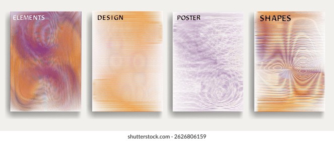 Glitch distorted geometric template brochures . Modern art design . Glitched flyer . Optical art. Trendy brochure with vector lines .flyer with wavy lines effects . set of vector templates
