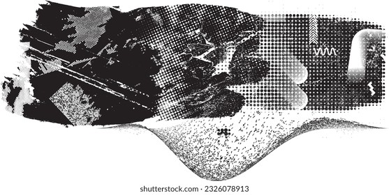 Forma de grano distorsionada de brillo. Logo de ruidos. Formas de error de distrés de moda. Elemento de diseño brillante .Grunge texturizado, efecto angustiado .Formas vectoras con una textura de impresión de pantalla de puntos de medio tono.