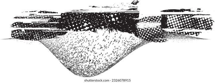 Glitch distorted grange shape . Noise grungy logo . Trendy distress error shapes . Glitched design element .Grunge textured, distressed effect .Vector shapes with a halftone dots screen print texture.