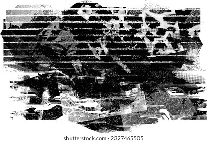 Forma de grano distorsionada de brillo. Logo de ruidos. Formas de error de defecto de moda . Marco brillante. Grunge texturado. Efecto perturbado .Formas vectoras con una textura de impresión de pantalla de puntos de medio tono.