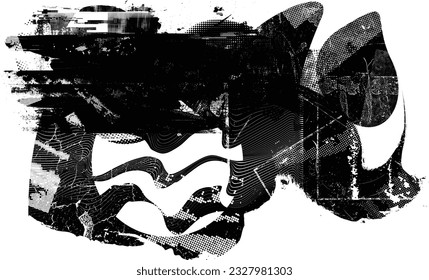 Forma de grano distorsionada de brillo. Logo de ruidos. Formas de error de defecto de moda . Marco brillante. Grunge texturado. Efecto perturbado .Formas vectoras con una textura de impresión de pantalla de puntos de medio tono.