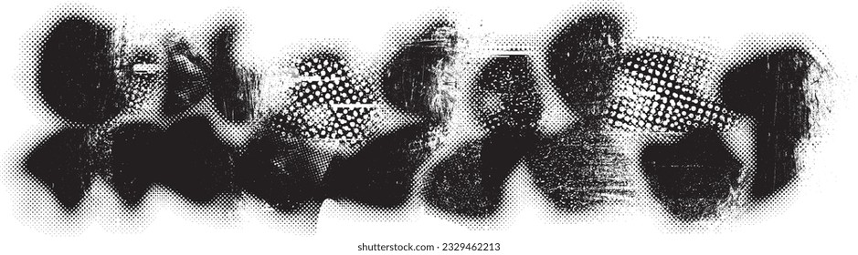 Forma de grano distorsionada de brillo. Logo de ruidos. Formas de error de defecto de moda . Marco brillante. Grunge texturado. Efecto perturbado .Formas vectoras con una textura de impresión de pantalla de puntos de medio tono.