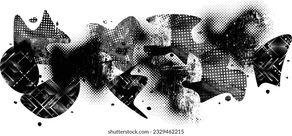 Glitch distorted grange shape . Noise grungy logo . Trendy defect error shapes . Glitched frame .Grunge textured . Distressed effect .Vector shapes with a halftone dots screen print texture.