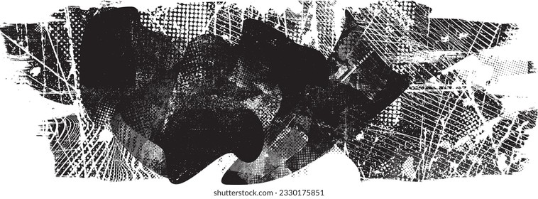 Glitch distorted grange shape . Noise grungy logo . Trendy defect error shapes . Glitched frame .Grunge textured . Distressed effect .Vector shapes with a halftone dots screen print texture.