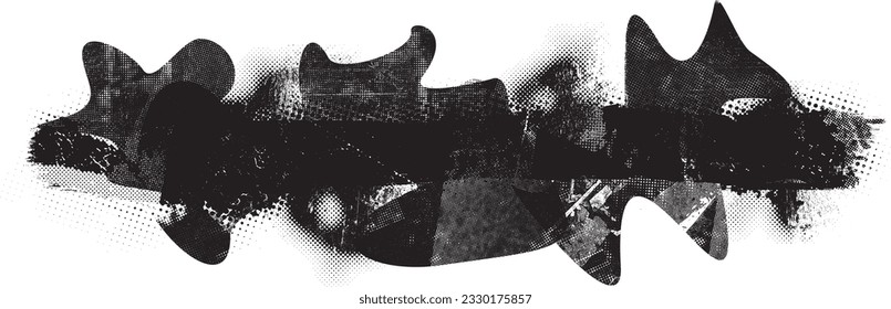 Glitch distorted grange shape . Noise grungy logo . Trendy defect error shapes . Glitched frame .Grunge textured . Distressed effect .Vector shapes with a halftone dots screen print texture.