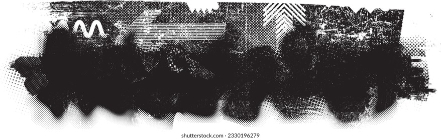 Glitch distorted grange shape . Noise grungy logo . Trendy defect error shapes . Glitched frame .Grunge textured . Distressed effect .Vector shapes with a halftone dots screen print texture.