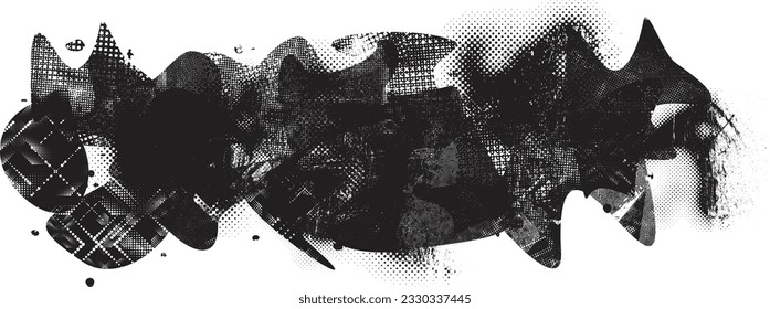 Glitch distorted grange shape . Noise grungy logo . Trendy defect error shapes . Glitched frame .Grunge textured . Distressed effect .Vector shapes with a halftone dots screen print texture.