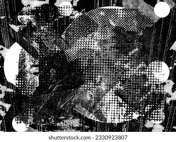 Glitch distorted grange shape . Noise grungy logo . Trendy defect error shapes . Glitched frame .Grunge textured . Distressed effect .Vector shapes with a halftone dots screen print texture.