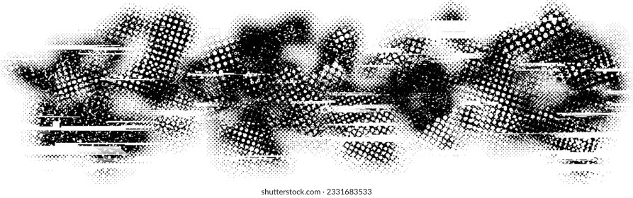 Glitch distorted grange shape . Noise grungy logo . Trendy defect error shapes . Glitched frame .Grunge textured . Distressed effect .Vector shapes with a halftone dots screen print texture.