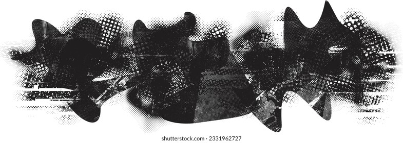 Forma de grano distorsionada de brillo. Logo de ruidos. Formas de error de defecto de moda . Marco brillante. Grunge texturado. Efecto perturbado .Formas vectoras con una textura de impresión de pantalla de puntos de medio tono.