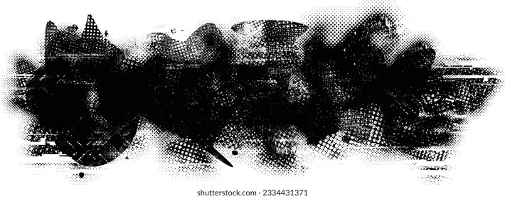Glitch distorted grange shape . Noise grungy logo . Trendy defect error shapes . Glitched frame .Grunge textured . Distressed effect .Vector shapes with a halftone dots screen print texture.