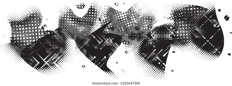 Glitch distorted grange shape . Noise grungy logo . Trendy defect error shapes . Glitched frame .Grunge textured . Distressed effect .Vector shapes with a halftone dots screen print texture.