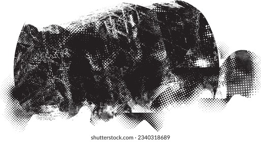 Glitch distorted grange shape . Noise grungy logo . Trendy defect error shapes . Glitched frame .Grunge textured . Distressed effect .Vector shapes with a halftone dots screen print texture.