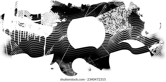 Forma de grano distorsionada de brillo. Logo de ruidos. Formas de error de defecto de moda . Marco brillante. Grunge texturado. Efecto perturbado .Formas vectoras con una textura de impresión de pantalla de puntos de medio tono.