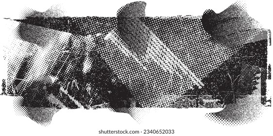 Glitch distorted grange shape . Noise grungy logo . Trendy defect error shapes . Glitched frame .Grunge textured . Distressed effect .Vector shapes with a halftone dots screen print texture.