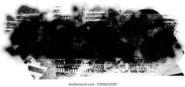 Glitch distorted grange shape . Noise grungy logo . Trendy defect error shapes . Glitched frame .Grunge textured . Distressed effect .Vector shapes with a halftone dots screen print texture.