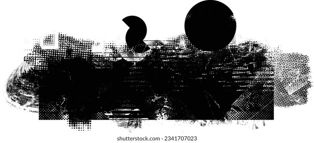 Glitch distorted grange shape . Noise grungy logo . Trendy defect error shapes . Glitched frame .Grunge textured . Distressed effect .Vector shapes with a halftone dots screen print texture.