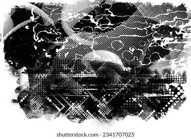 Glitch distorted grange shape . Noise grungy logo . Trendy defect error shapes . Glitched frame .Grunge textured . Distressed effect .Vector shapes with a halftone dots screen print texture.