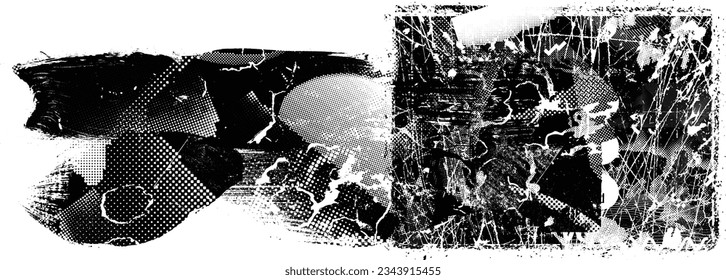 Glitch distorted grange shape . Noise grungy logo . Trendy defect error shapes . Glitched frame .Grunge textured . Distressed effect .Vector shapes with a halftone dots screen print texture.