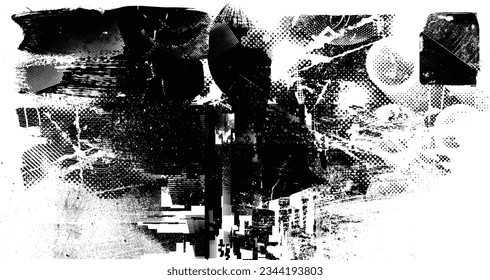 Glitch distorted grange shape . Noise grungy logo . Trendy defect error shapes . Glitched frame .Grunge textured . Distressed effect .Vector shapes with a halftone dots screen print texture.