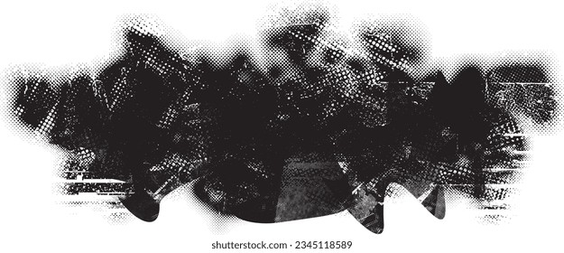 Glitch distorted grange shape . Noise grungy logo . Trendy defect error shapes . Glitched frame .Grunge textured . Distressed effect .Vector shapes with a halftone dots screen print texture.