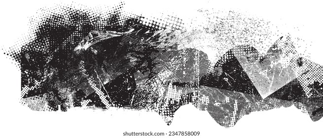 Glitch distorted grange shape . Noise grungy logo . Trendy defect error shapes . Glitched frame .Grunge textured . Distressed effect .Vector shapes with a halftone dots screen print texture.