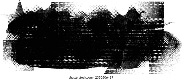 Glitch distorted grange shape . Noise grungy logo . Trendy defect error shapes . Glitched frame .Grunge textured . Distressed effect .Vector shapes with a halftone dots screen print texture.
