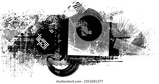 Glitch distorted grange shape . Noise grungy logo . Trendy defect error shapes . Glitched frame .Grunge textured . Distressed effect .Vector shapes with a halftone dots screen print texture.