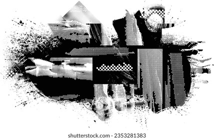 Glitch distorted grange shape . Noise grungy logo . Trendy defect error shapes . Glitched frame .Grunge textured . Distressed effect .Vector shapes with a halftone dots screen print texture.