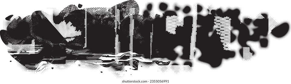 Glitch distorted grange shape . Noise grungy logo . Trendy defect error shapes . Glitched frame .Grunge textured . Distressed effect .Vector shapes with a halftone dots screen print texture.