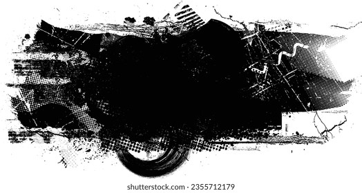 Glitch distorted grange shape . Noise grungy logo . Trendy defect error shapes . Glitched frame .Grunge textured . Distressed effect .Vector shapes with a halftone dots screen print texture.