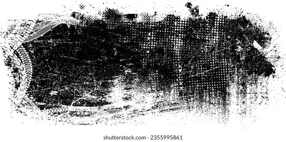 Forma de grano distorsionada de brillo. Logo de ruidos. Formas de error de defecto de moda . Marco brillante. Grunge texturado. Efecto perturbado .Formas vectoras con una textura de impresión de pantalla de puntos de medio tono.