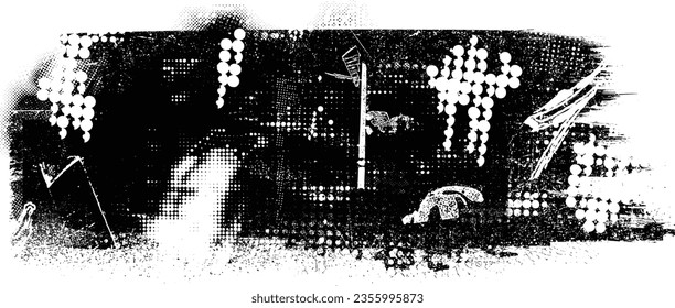 Glitch distorted grange shape . Noise grungy logo . Trendy defect error shapes . Glitched frame .Grunge textured . Distressed effect .Vector shapes with a halftone dots screen print texture.