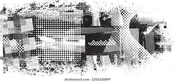 Glitch distorted grange shape . Noise grungy logo . Trendy defect error shapes . Glitched frame .Grunge textured . Distressed effect .Vector shapes with a halftone dots screen print texture.