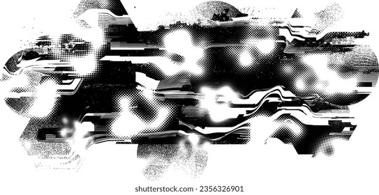 Glitch distorted grange shape . Noise grungy logo . Trendy defect error shapes . Glitched frame .Grunge textured . Distressed effect .Vector shapes with a halftone dots screen print texture.